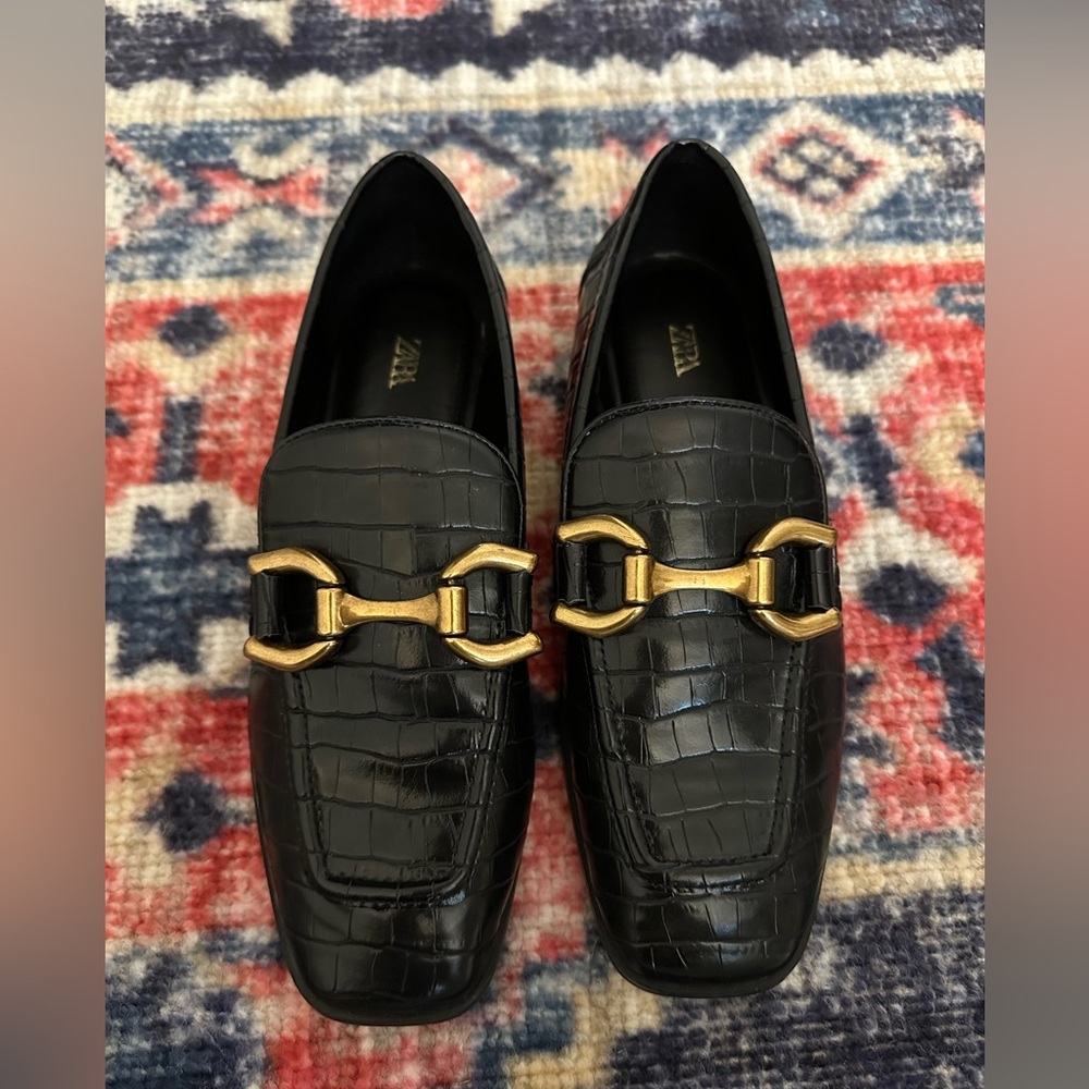 Zara Black Loafers with Gold Buckle